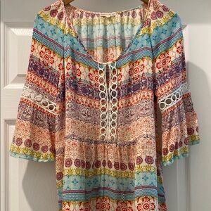 Latitude Run Blue and Orange Bell Sleeve Graphic Blouse